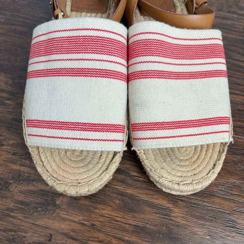 Tory Burch Espadrille Awning Stripe Leather Strap Sandals - Picture 5 of 9